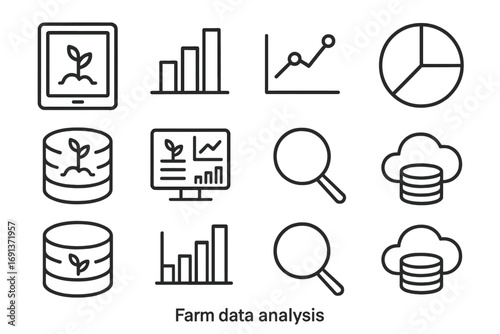 Farm Data Icon Set. Outline icon set of farm data analysis: tablet, bar chart, line chart, pie chart, database