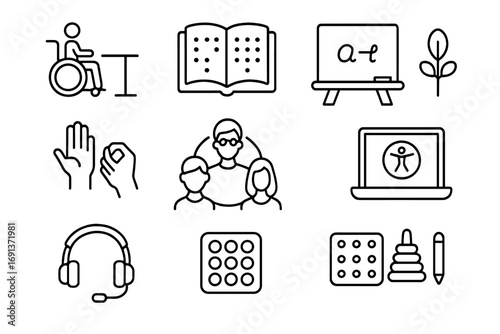 Inclusive Education Icons. Outline icon set of inclusive education spaces: wheelchair accessible desk, open book with Braille dots