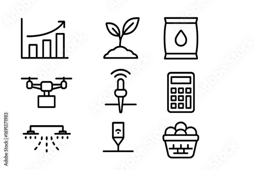 Yield Optimization Icons. Outline icon set of yield optimization: bar chart, plant icon, fertilizer bag,