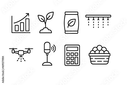 Yield Optimization Icons. Outline icon set of yield optimization: bar chart, plant icon, fertilizer bag,