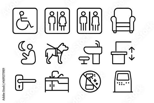 Inclusive Facilities Icons. Outline icon set of Inclusive facilities & amenities: accessible restroom sign, gender-neutral