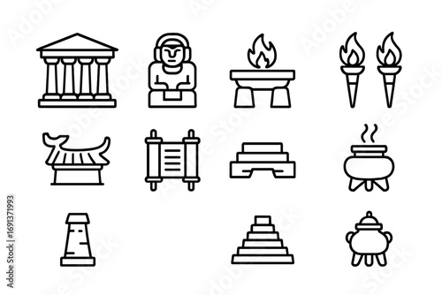 Ancient Temple Icons. Outline icon set of ancient temples: stone pillars, carved statues, altar, torches, roof