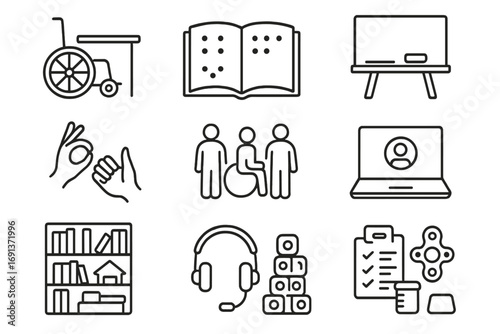 Inclusive Education Icons. Outline icon set of inclusive education spaces: wheelchair accessible desk, open book with Braille dots