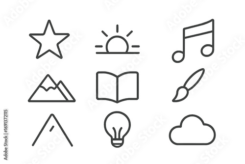 Inspiration Source Icons. Outline icon set of inspiration sources: star, sunrise, music note, paintbrush,