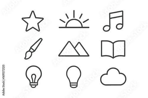 Inspiration Source Icons. Outline icon set of inspiration sources: star, sunrise, music note, paintbrush,