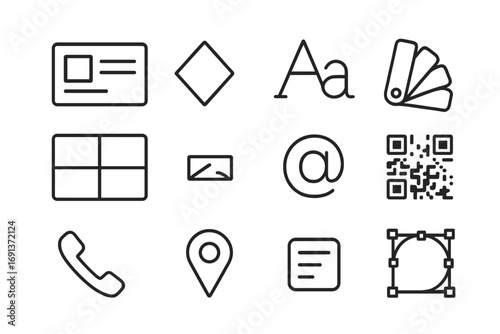 Business Card Icons. Outline icon set of business card design: card template, logo, font styles, color palette