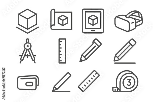 Innovation Tools Icons. Outline icon set of innovation tools: 3D model, blueprint, tablet, VR headset, compass
