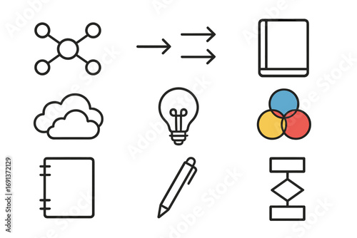 Mind Mapping Icons. Outline icon set of mind mapping: nodes, arrows, notebook, pen, cloud shapes, light bulb,