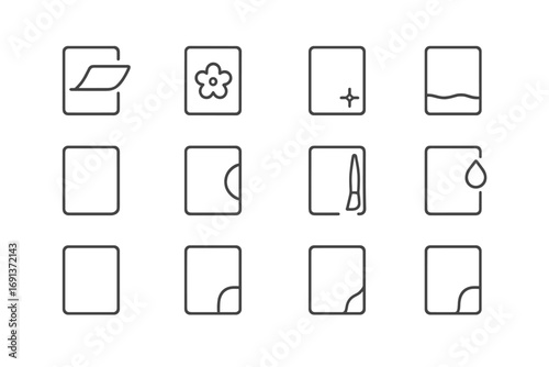 Card Finishing Icons. Outline icon set of card finishing options: laminating, embossing, spot UV, foiling,