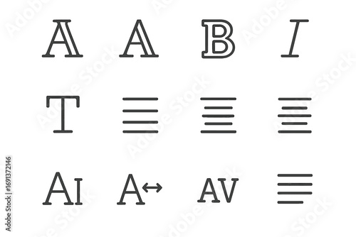 Typography Icon Set. Outline icon set of typography elements: serif font, sans-serif font, bold text, italic