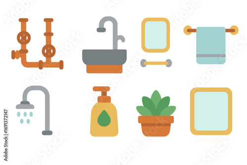 Industrial Bathroom Icons. Flat vector mini-illustrations Urban industrial loft bathroom in colors children’s illustrations: