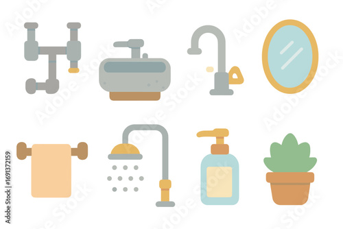 Industrial Bathroom Icons. Flat vector mini-illustrations Urban industrial loft bathroom in colors children’s illustrations: