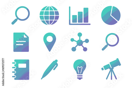 Industry Research Icons. Gradient icons set of industry research and exploration: magnifying glass, world globe, bar chart, pie
