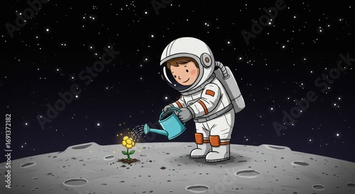 Astronaut Nurturing Life on the Moon A Cartoon Illustration of Space Gardening and Hope