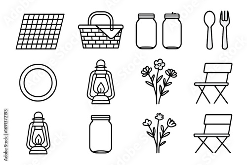 Picnic Icons Grid. Outline icon set of outdoor picnic setup: picnic blanket, wicker basket, mason jars, wooden
