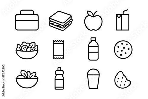 School Meal Icons. Outline icon set of school meals and snacks: lunchbox, sandwich, apple, juice box, salad,