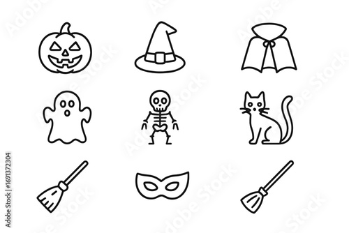 Halloween Icon Set. Outline icon set of celebrating Halloween with costumes: pumpkin, witch hat, vampire cape,