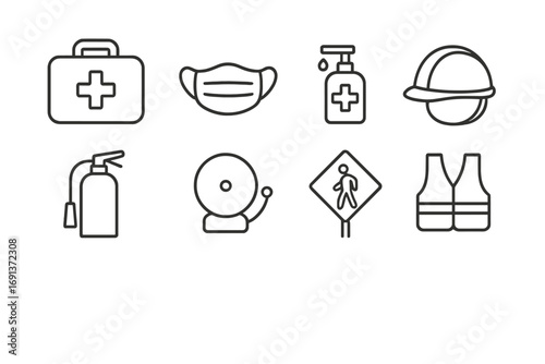 School Safety Icons. Outline icon set of school safety and health: first aid kit, mask, sanitizer, helmet,