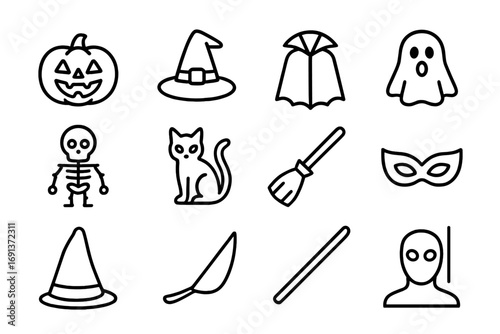 Halloween Icon Set. Outline icon set of celebrating Halloween with costumes: pumpkin, witch hat, vampire cape,