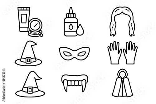 Halloween Makeup Icons. Outline icon set of Halloween makeup and accessories: face paint, fake blood, wig, hat