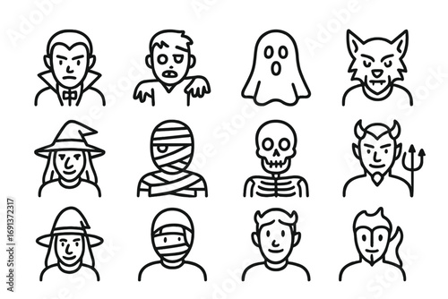 Spooky Characters Icons. Outline icon set of spooky characters: vampire, zombie, ghost, werewolf, witch, mummy