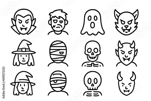 Spooky Characters Icons. Outline icon set of spooky characters: vampire, zombie, ghost, werewolf, witch, mummy
