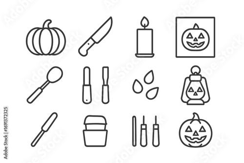 Pumpkin Carving Icons. Outline icon set of pumpkin carving: pumpkin, knife, candle, stencil, scooper, carving