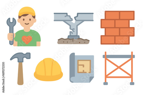 Infrastructure Repair Icons. Flat vector mini-illustrations Infrastructure repair and reconstruction in colors children's