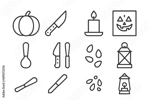Pumpkin Carving Icons. Outline icon set of pumpkin carving: pumpkin, knife, candle, stencil, scooper, carving