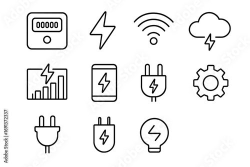 Smart Energy Meter Icons. Outline icon set of smart energy meters: digital meter, electricity usage, Wi-Fi