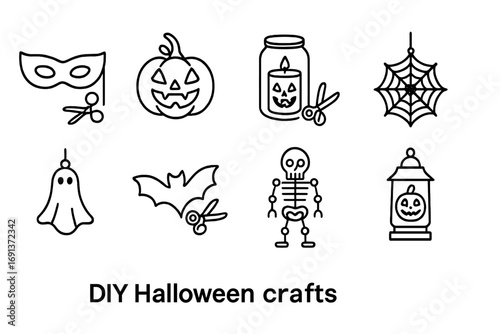 DIY Halloween Crafts Icons. Outline icon set of DIY Halloween crafts: paper mask, pumpkin decoration, candle