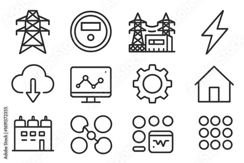 Smart Grid Icons. Outline icon set of smart grid technology: power lines, smart meter, substation, lightning