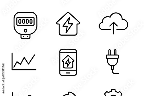 Smart Energy Meter Icons. Outline icon set of smart energy meters: digital meter, electricity usage, Wi-Fi