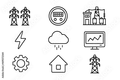 Smart Grid Icons. Outline icon set of smart grid technology: power lines, smart meter, substation, lightning