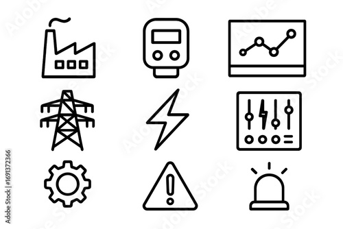 Industrial Energy Icons. Outline icon set of industrial energy monitoring: factory, smart meter, data chart,