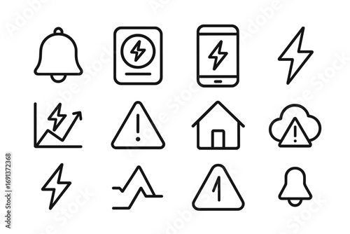 Power Alert Icons. Outline icon set of power usage alerts: bell notification, smart meter, mobile phone,