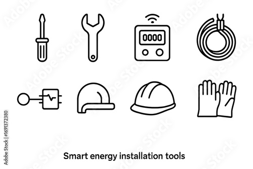 Smart Energy Icon Set. Outline icon set of smart energy installation tools: screwdriver, wrench, smart meter,
