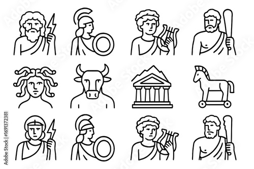 Greek Mythology Icons. Outline icon set of Ancient Greek and Roman mythology: Zeus, Athena, Apollo, Hercules,