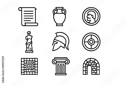 Mythology Artifact Icons. Outline icon set of ancient mythology artifacts: scroll, amphora, coin, statue,