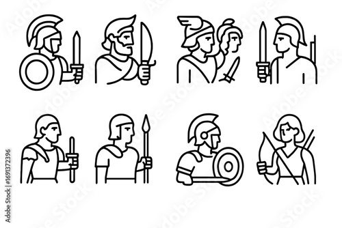 Legendary Heroes Icons. Outline icon set of legendary heroes: Achilles, Odysseus, Perseus, Theseus, Aeneas,