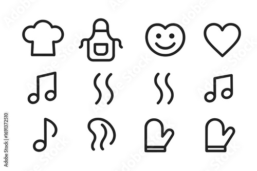 Holiday Baking Icons. Outline icon set of Holiday baking mood: chef hat, apron, smiley face, heart, kitchen