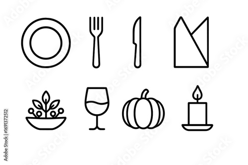 Thanksgiving Icon Set. Outline icon set of Thanksgiving table setup: dinner plate, fork, knife, napkin,