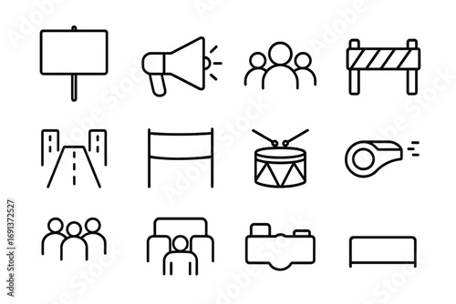 Protest Icon Set. Outline icon set of Protests and demonstrations: placard, megaphone, crowd, police barrier,