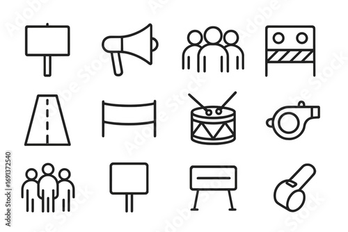 Protest Icon Set. Outline icon set of Protests and demonstrations: placard, megaphone, crowd, police barrier,