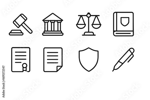Legal Icon Grid. Outline icon set of Legal protections: gavel, courthouse, scales of justice, law book,