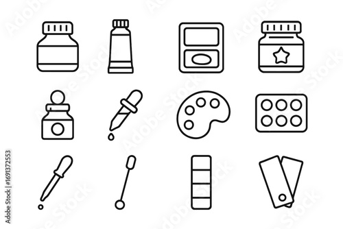 Ink and Color Tools. Outline icon set of ink and color management: bottled ink, gouache tube, watercolor pan, metallic ink, pearl
