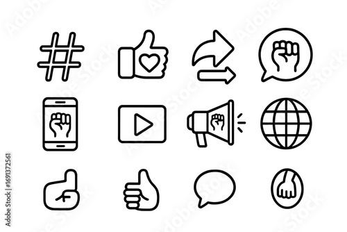 Anti-Racism Icon Grid. Outline icon set of Anti-racism social media icons: hashtag, like button, share icon,