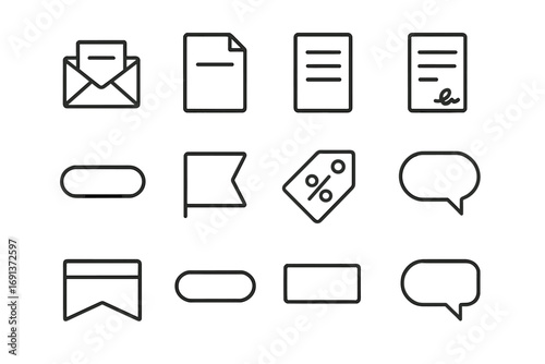 Email Marketing Icons. Outline icon set of Email marketing text: subject line, header, body copy, signature,