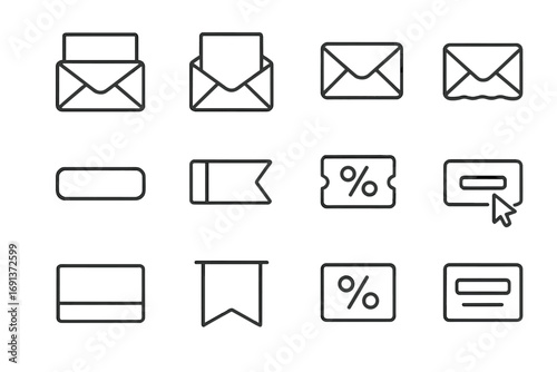 Email Marketing Icons. Outline icon set of Email marketing text: subject line, header, body copy, signature,