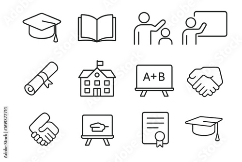 Educational Icon Set. Outline icon set of Educational partnerships: graduation cap, open book, teacher and